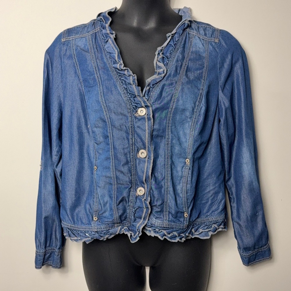 Lane Bryant Ruffle Trim Denim Jacket Women Size 16 Roll Tab Sleeve Button Up